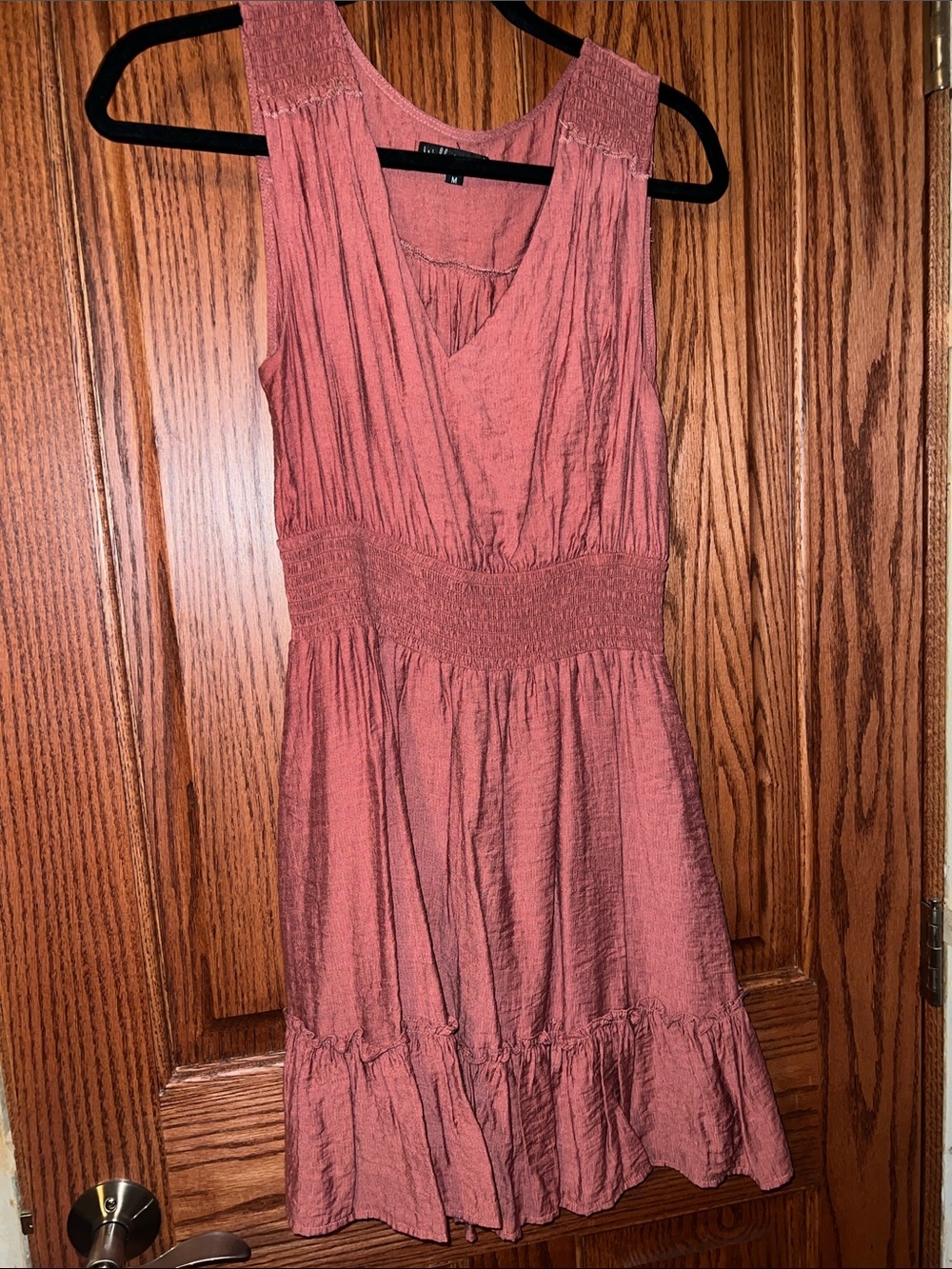 Smocked Waist Midi Dress in Rust Pink